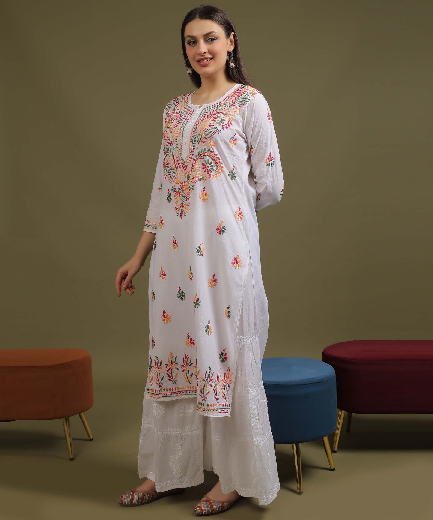 NEA Chikankari White Cotton Kurti With Multicolour Embroidery