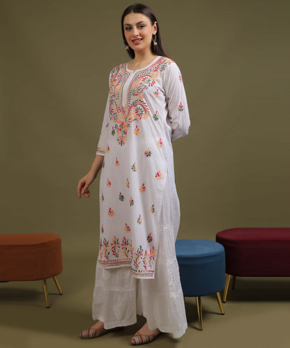 NEA Chikankari White Cotton Kurti With Multicolour Embroidery