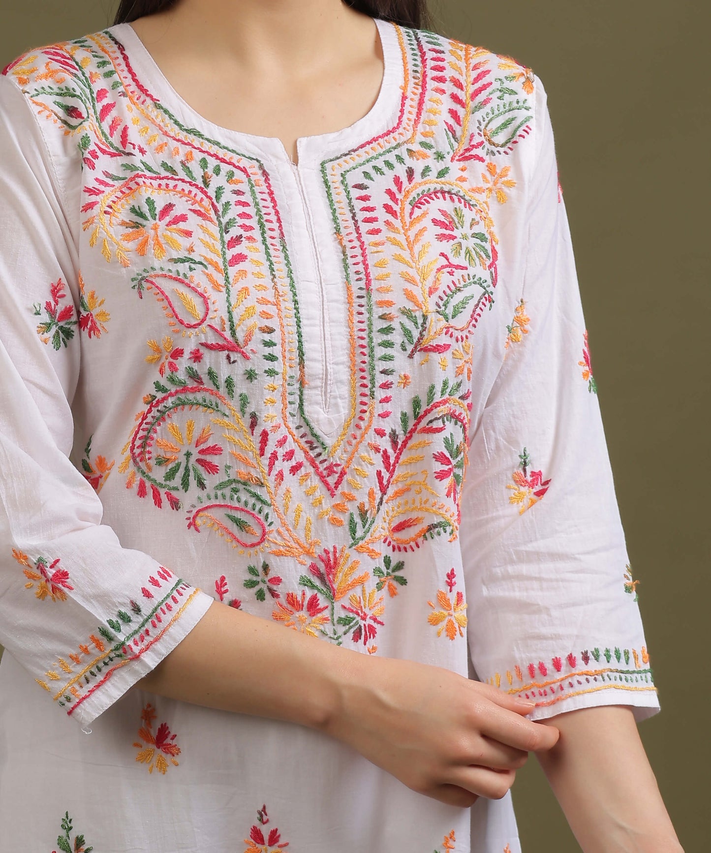 NEA Chikankari White Cotton Kurti With Multicolour Embroidery