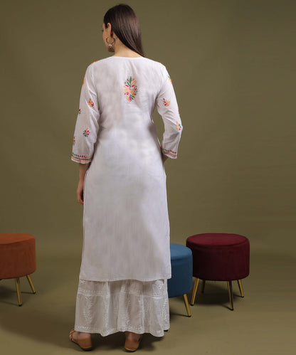 NEA Chikankari White Cotton Kurti With Multicolour Embroidery