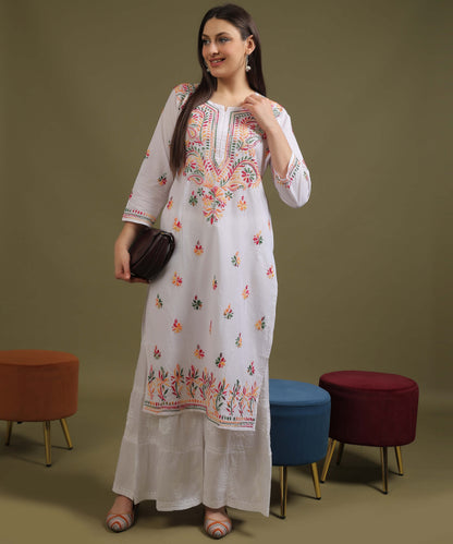 NEA Chikankari White Cotton Kurti With Multicolour Embroidery