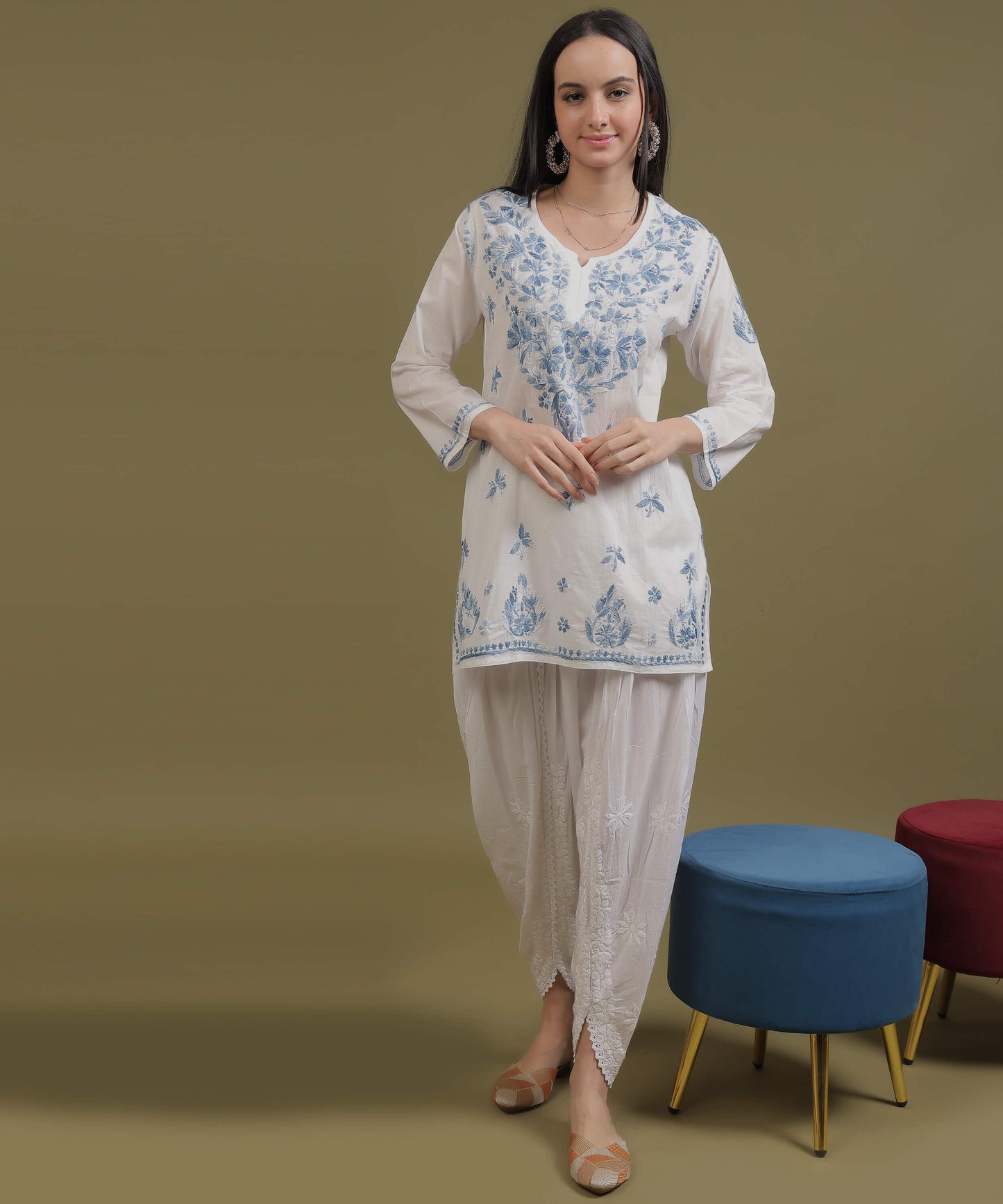 NEA Chikankari White Cotton Short Top With Shaded Blue Embroidery