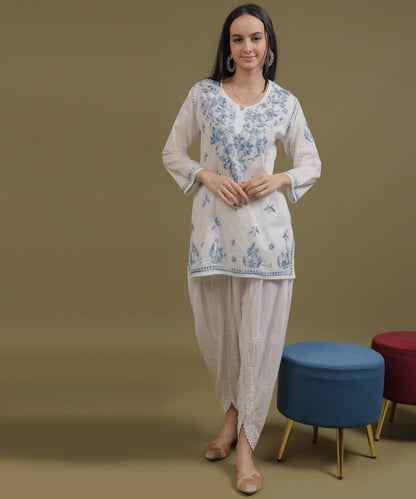 NEA Chikankari White Cotton Short Top With Shaded Blue Embroidery