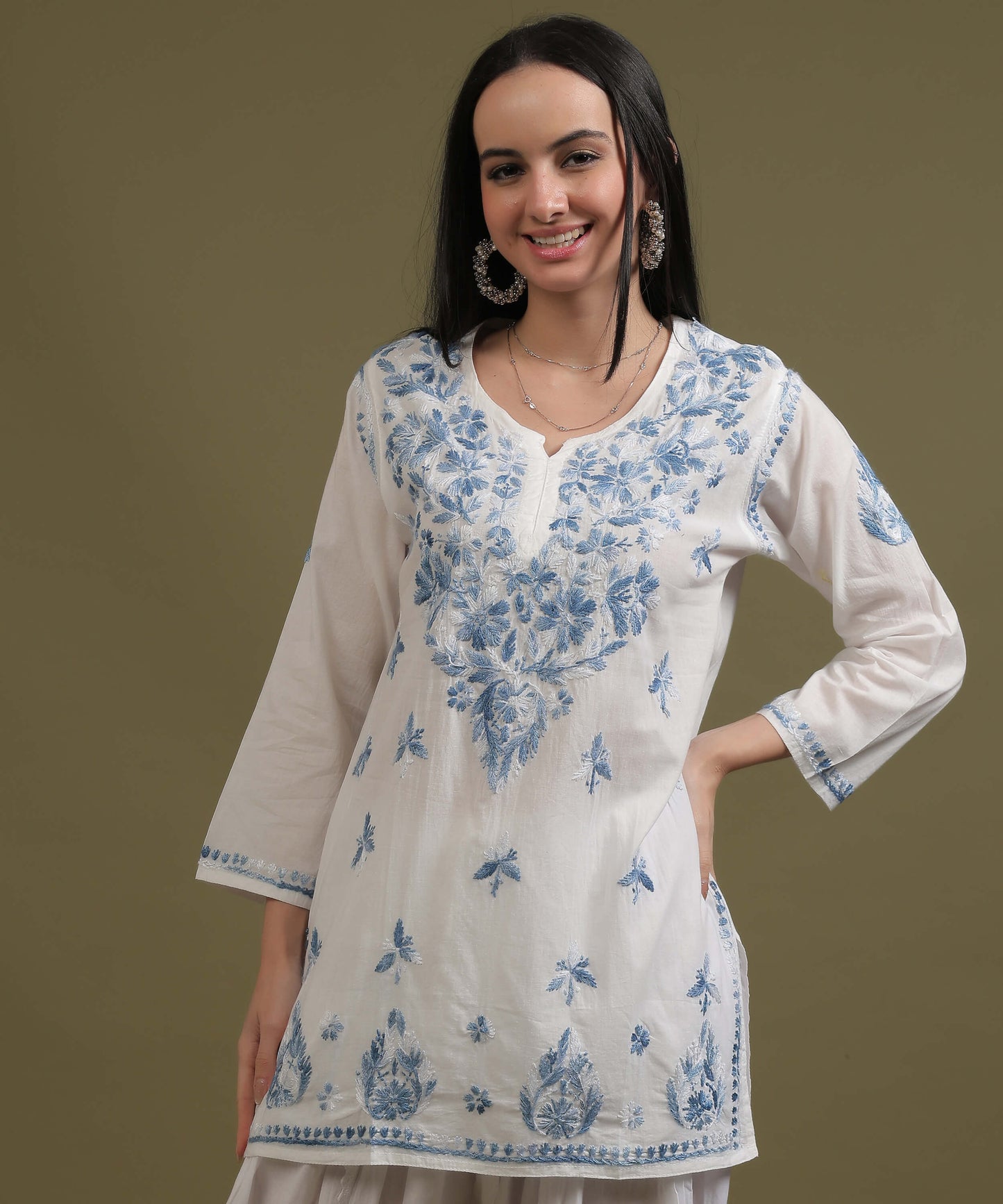 NEA Chikankari White Cotton Short Top With Shaded Blue Embroidery