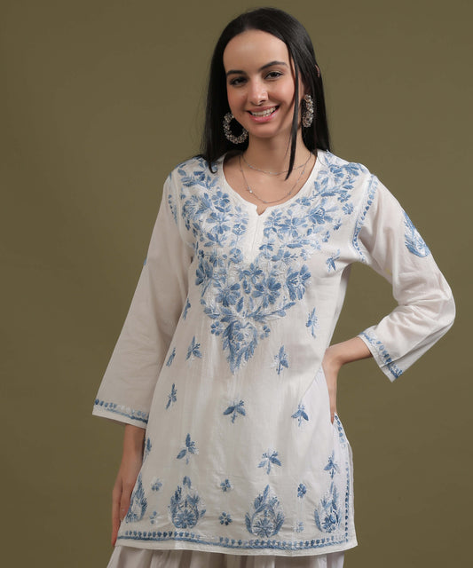 NEA Chikankari White Cotton Short Top With Shaded Blue Embroidery