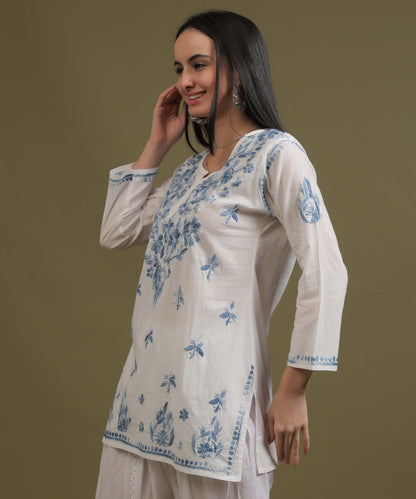 NEA Chikankari White Cotton Short Top With Shaded Blue Embroidery