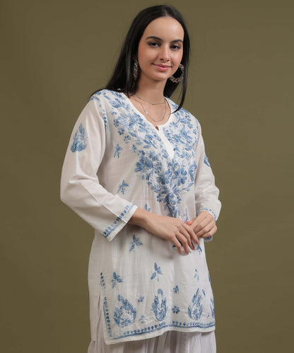 NEA Chikankari White Cotton Short Top With Shaded Blue Embroidery