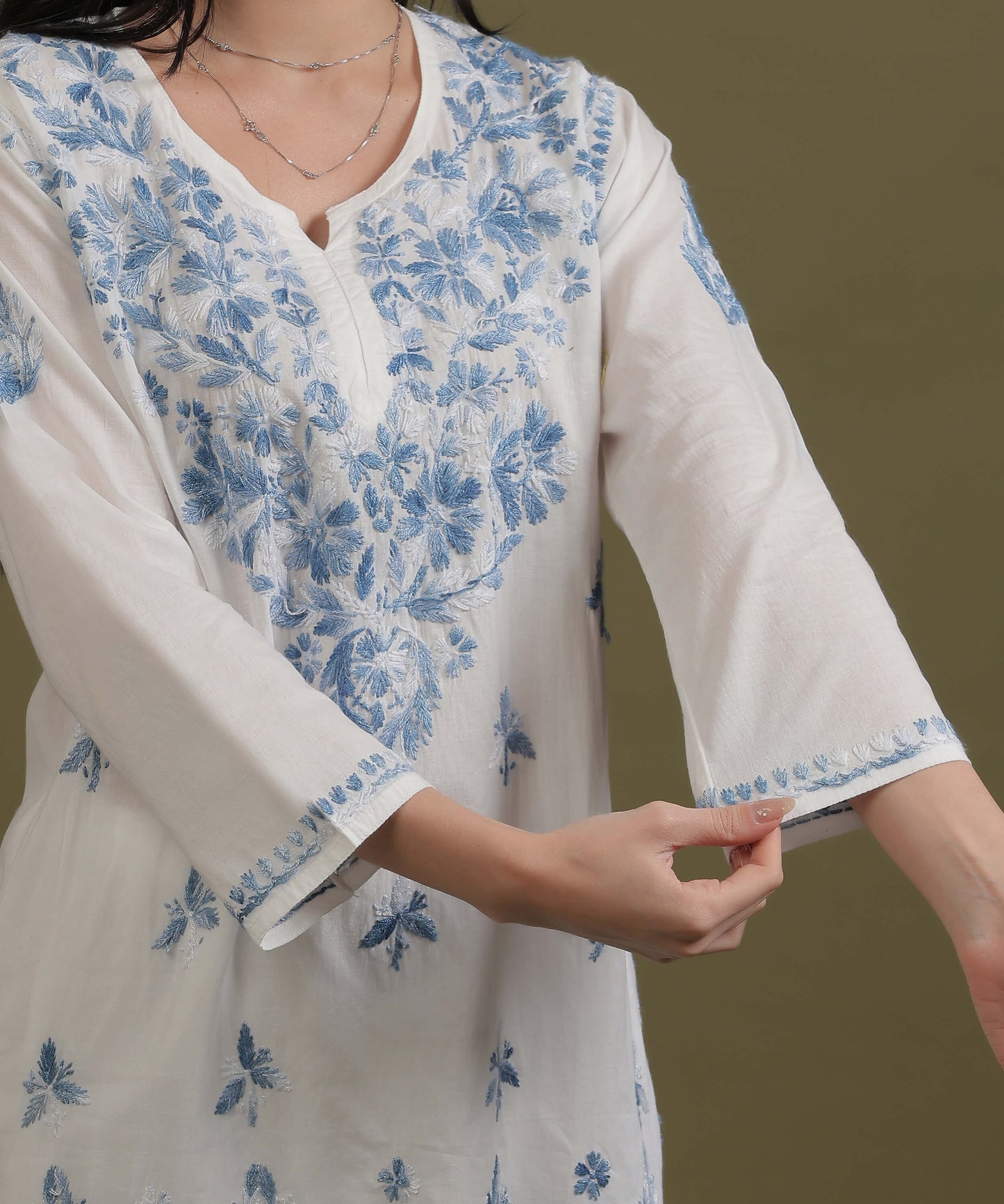 NEA Chikankari White Cotton Short Top With Shaded Blue Embroidery
