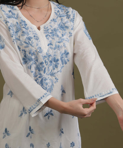 NEA Chikankari White Cotton Short Top With Shaded Blue Embroidery