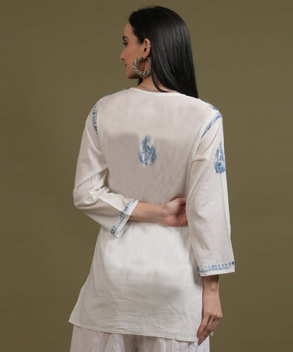 NEA Chikankari White Cotton Short Top With Shaded Blue Embroidery
