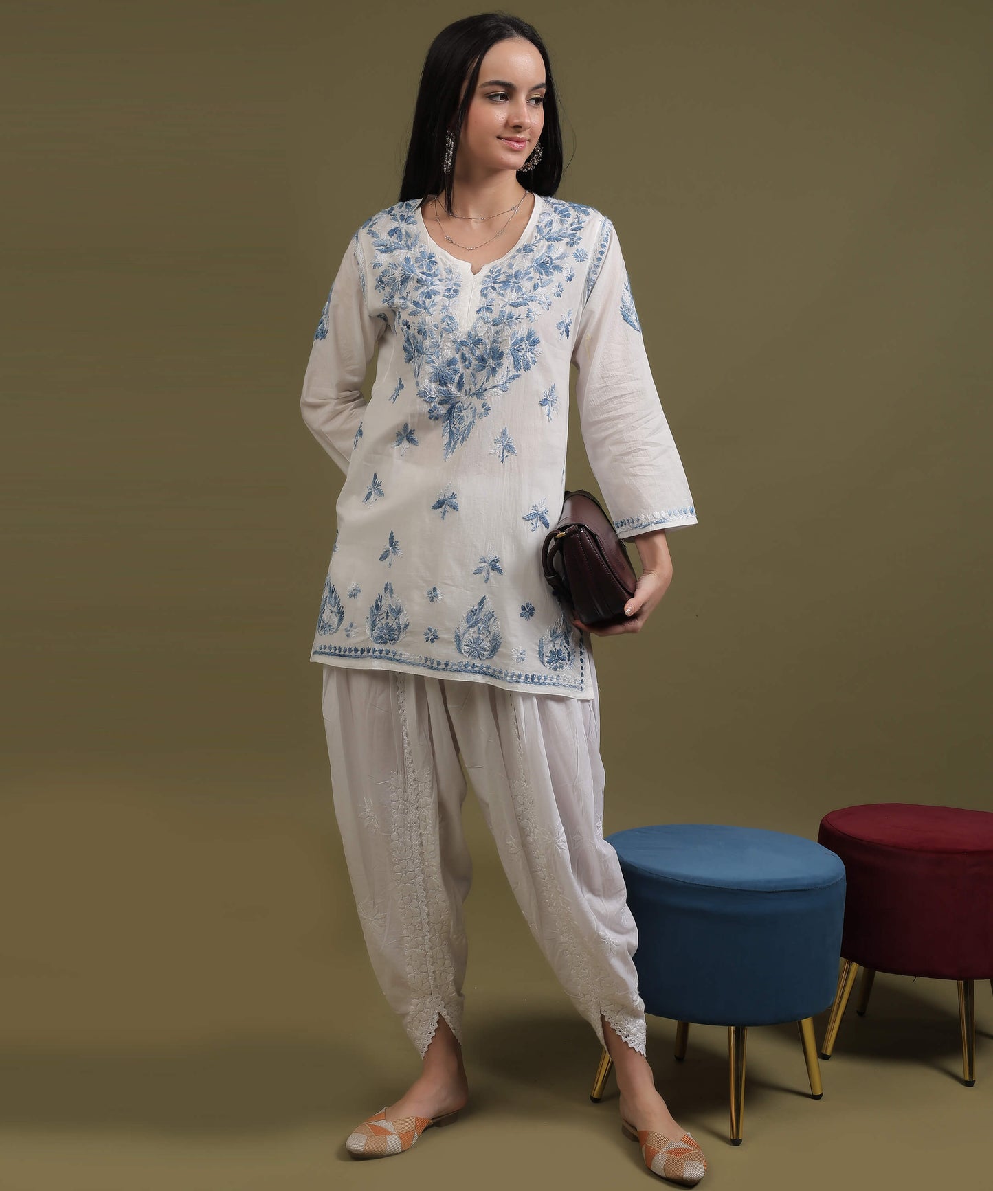 NEA Chikankari White Cotton Short Top With Shaded Blue Embroidery
