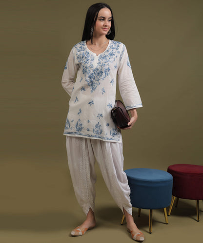 NEA Chikankari White Cotton Short Top With Shaded Blue Embroidery