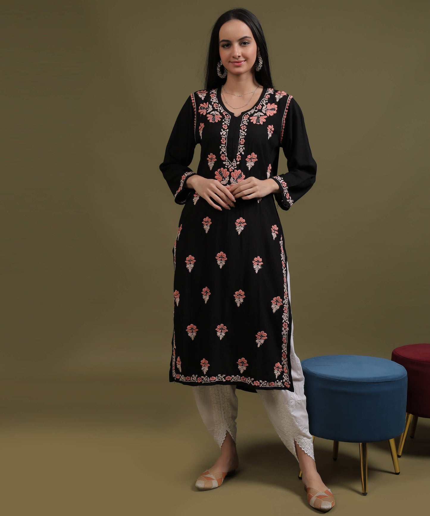NEA Chikankari Black Rayon Kurti With Peach Embroidery