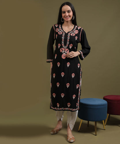 NEA Chikankari Black Rayon Kurti With Peach Embroidery