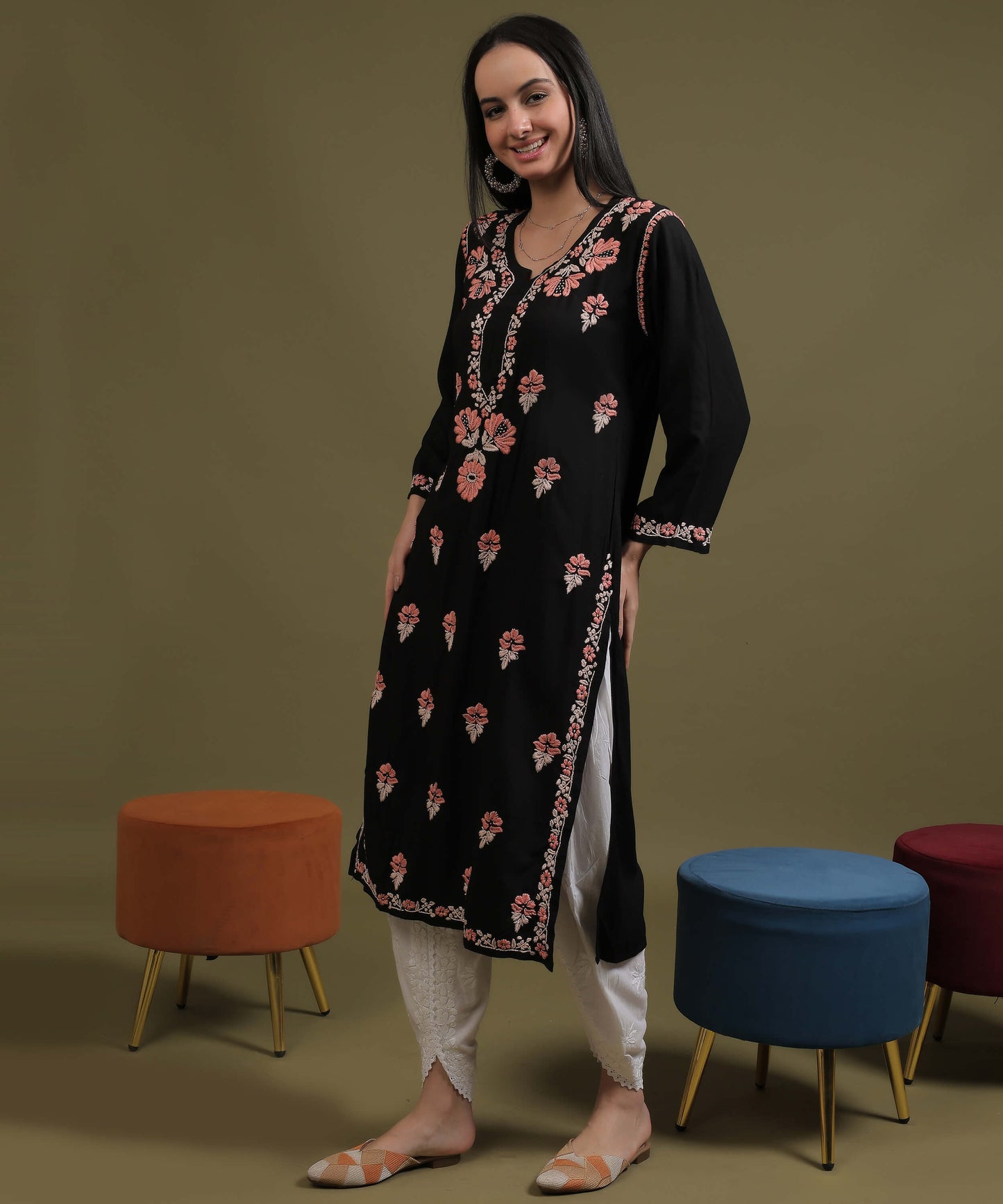 NEA Chikankari Black Rayon Kurti With Peach Embroidery