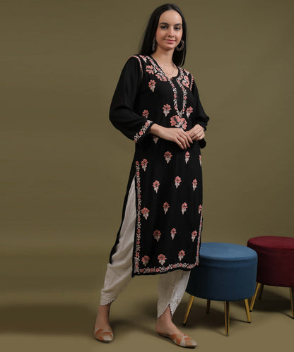 NEA Chikankari Black Rayon Kurti With Peach Embroidery