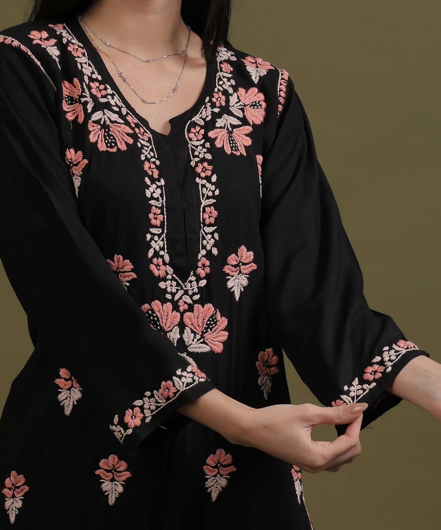 NEA Chikankari Black Rayon Kurti With Peach Embroidery