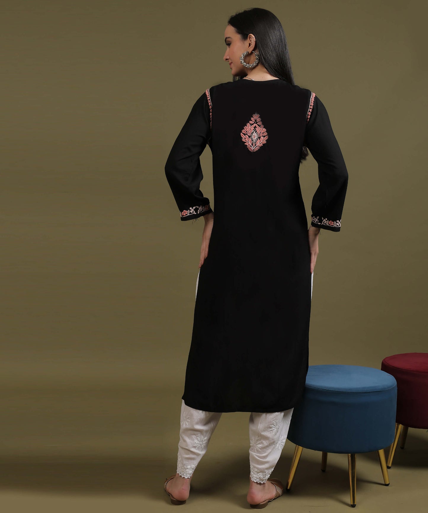 NEA Chikankari Black Rayon Kurti With Peach Embroidery