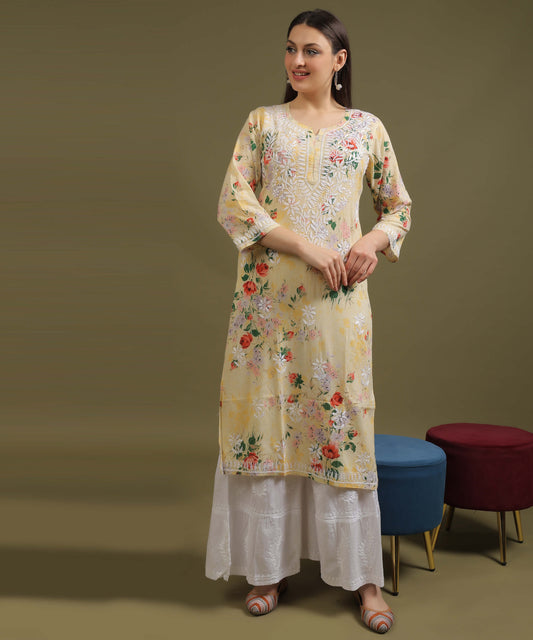 NEA Chikankari Mulmul Printed Yellow Kurta With White Embroidery