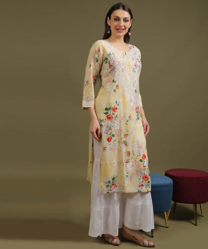 NEA Chikankari Mulmul Printed Yellow Kurta With White Embroidery