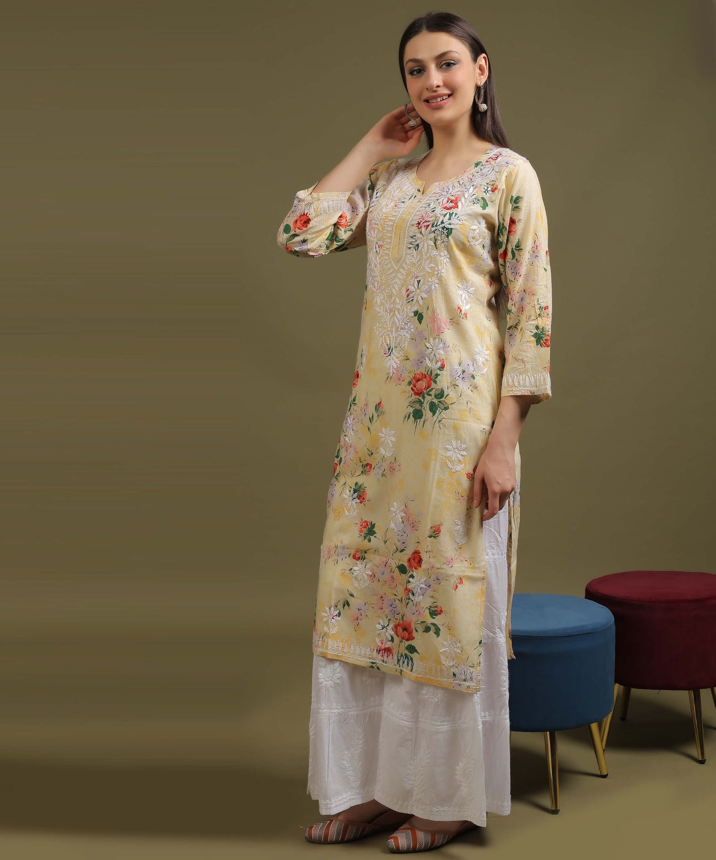 NEA Chikankari Mulmul Printed Yellow Kurta With White Embroidery