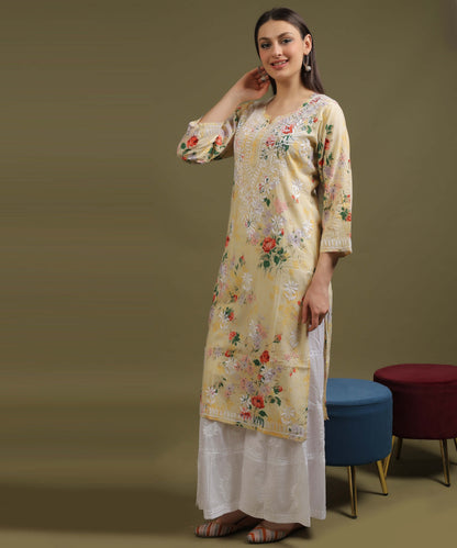 NEA Chikankari Mulmul Printed Yellow Kurta With White Embroidery