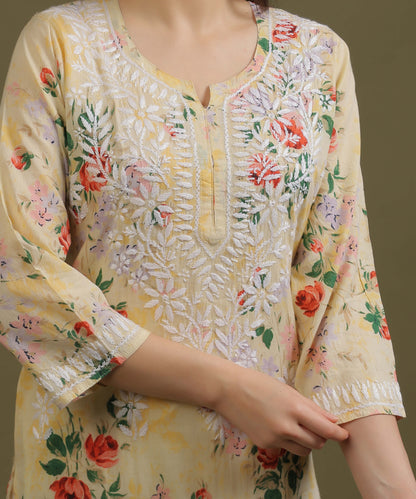 NEA Chikankari Mulmul Printed Yellow Kurta With White Embroidery
