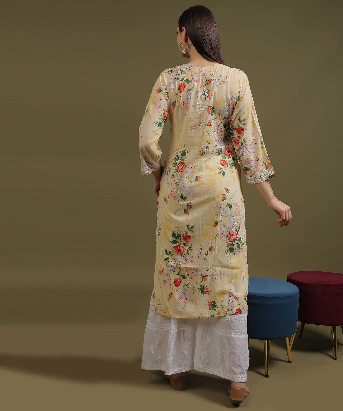 NEA Chikankari Mulmul Printed Yellow Kurta With White Embroidery