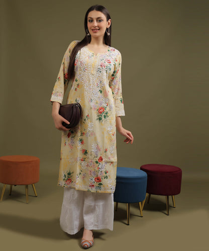 NEA Chikankari Mulmul Printed Yellow Kurta With White Embroidery