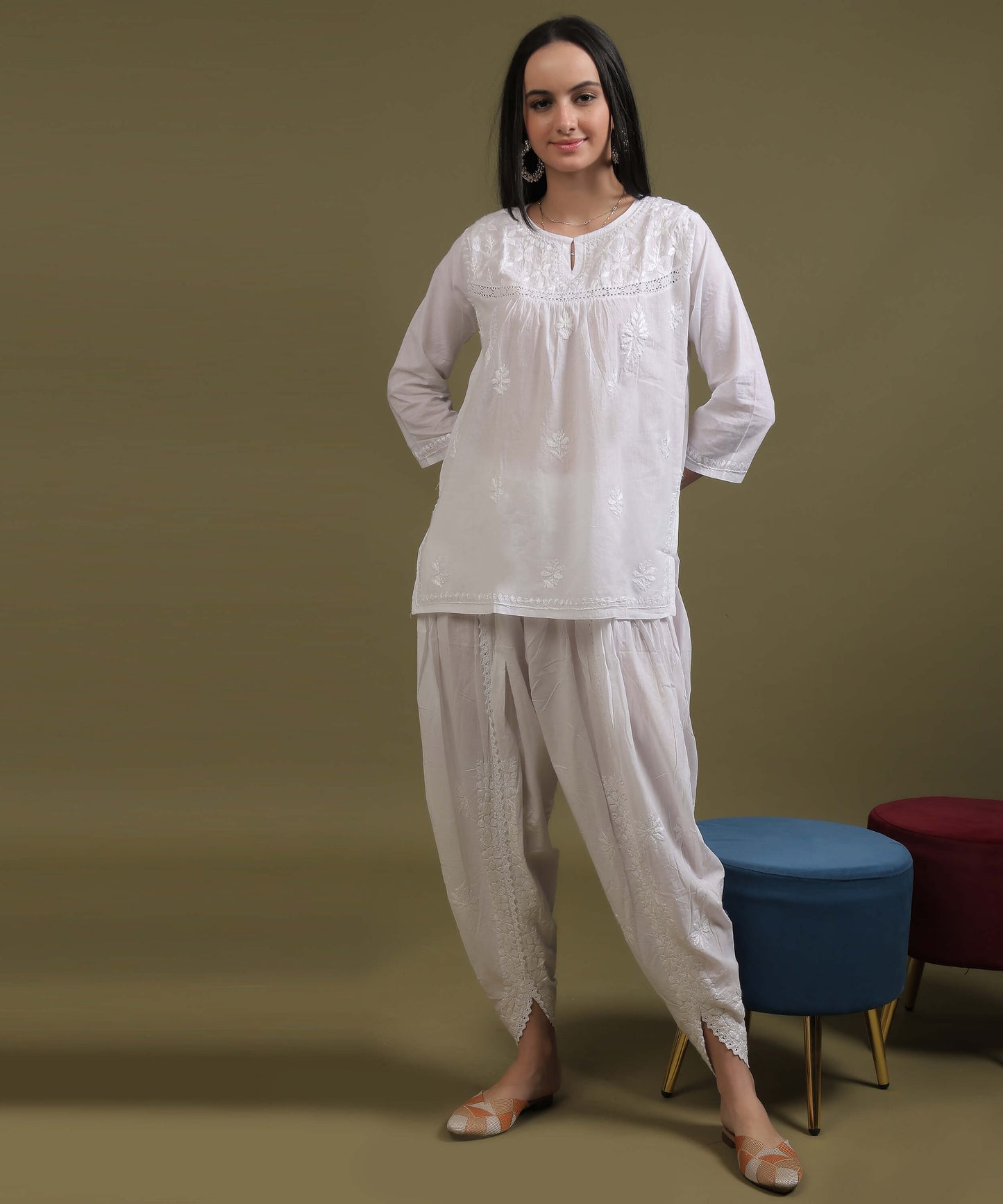NEA Chikankari White Cotton Short Kurti With Laces