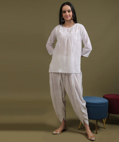 NEA Chikankari White Cotton Short Kurti With Laces