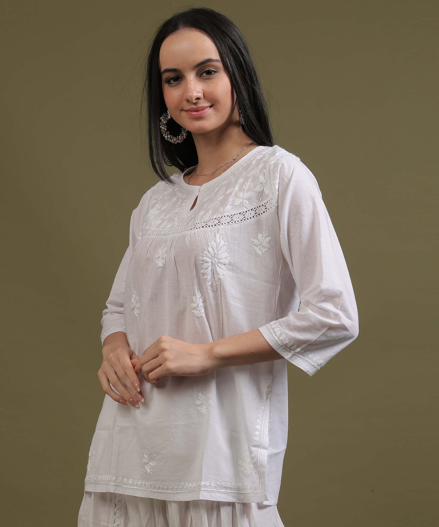 NEA Chikankari White Cotton Short Kurti With Laces