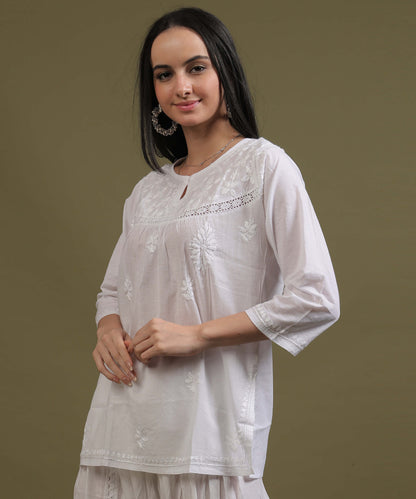 NEA Chikankari White Cotton Short Kurti With Laces