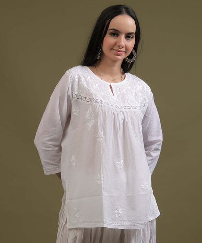 NEA Chikankari White Cotton Short Kurti With Laces