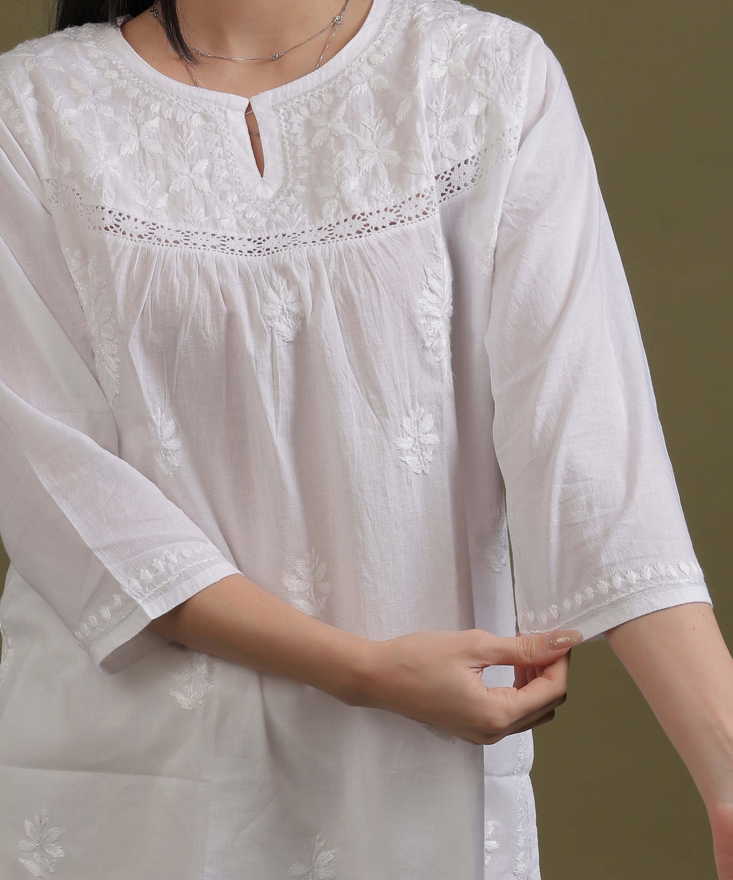 NEA Chikankari White Cotton Short Kurti With Laces