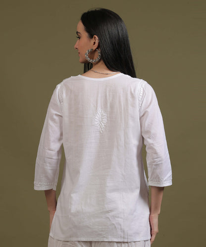 NEA Chikankari White Cotton Short Kurti With Laces