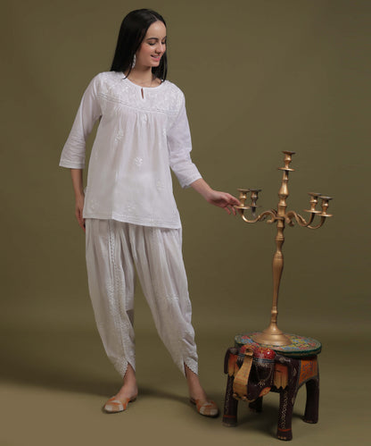 NEA Chikankari White Cotton Short Kurti With Laces