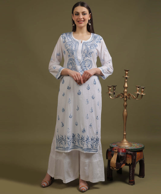 NEA Chikankari White Cotton Kurti With Blue Embroidery