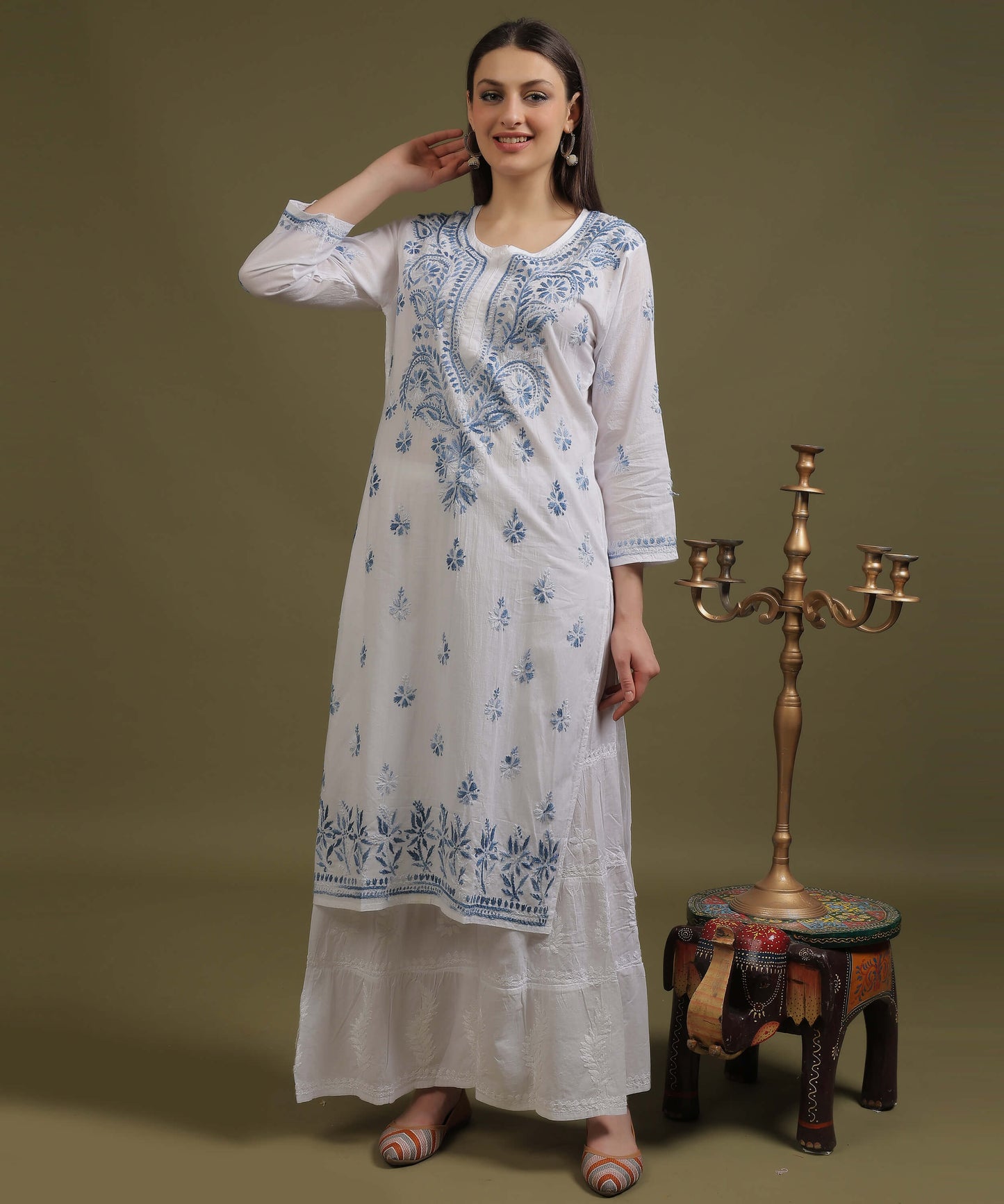 NEA Chikankari White Cotton Kurti With Blue Embroidery