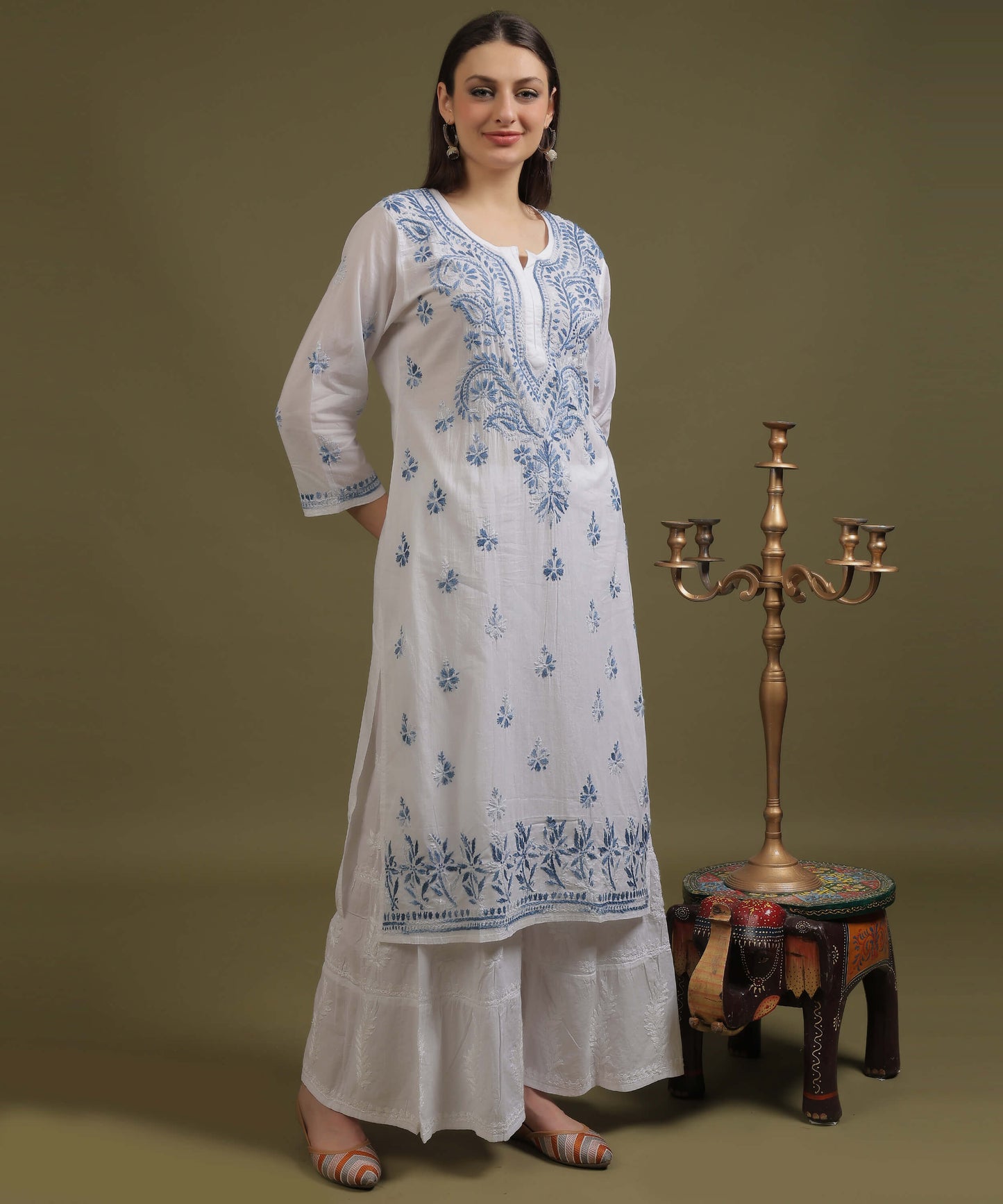 NEA Chikankari White Cotton Kurti With Blue Embroidery