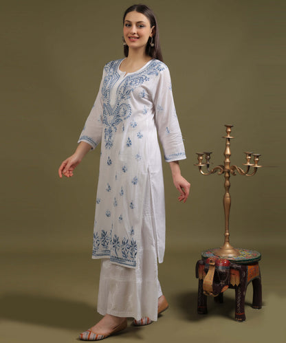 NEA Chikankari White Cotton Kurti With Blue Embroidery