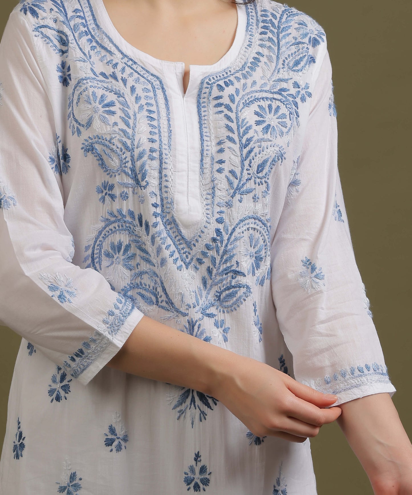 NEA Chikankari White Cotton Kurti With Blue Embroidery