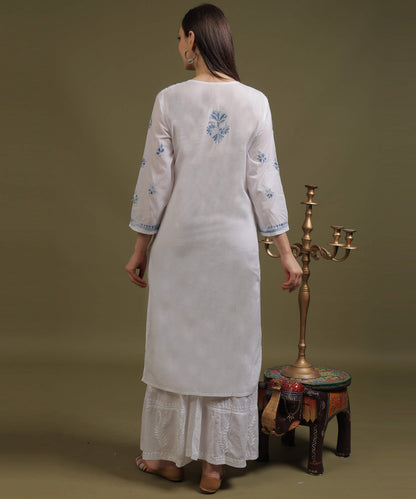 NEA Chikankari White Cotton Kurti With Blue Embroidery