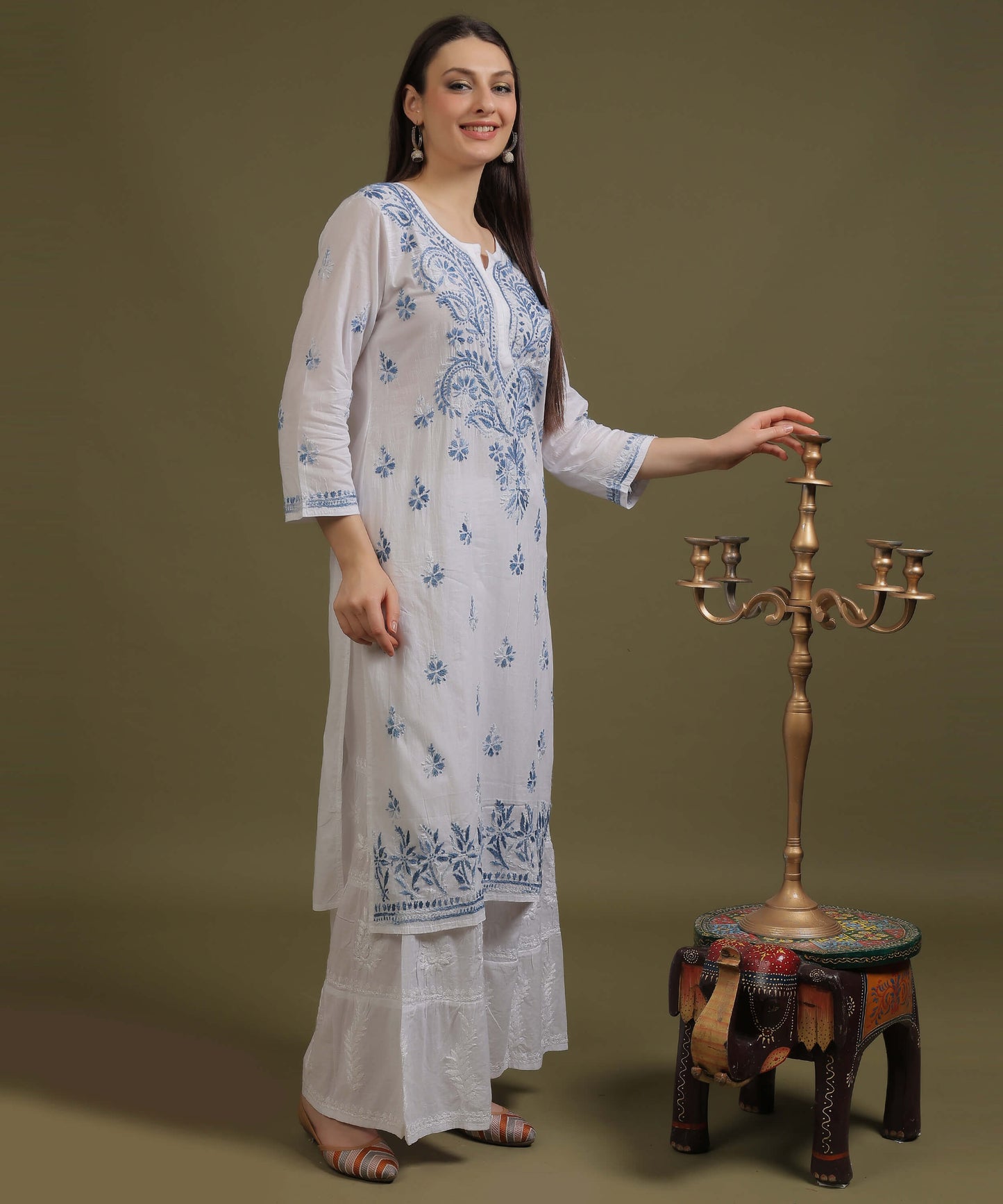 NEA Chikankari White Cotton Kurti With Blue Embroidery
