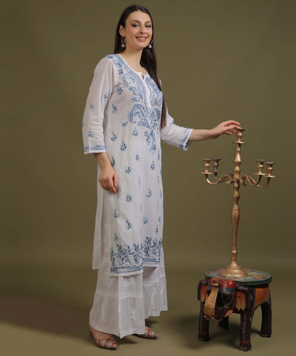 NEA Chikankari White Cotton Kurti With Blue Embroidery