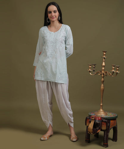 NEA Chikankari Ice Blue Dobby Cotton Short Kurti With White Embroidery