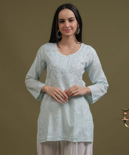 NEA Chikankari Ice Blue Dobby Cotton Short Kurti With White Embroidery