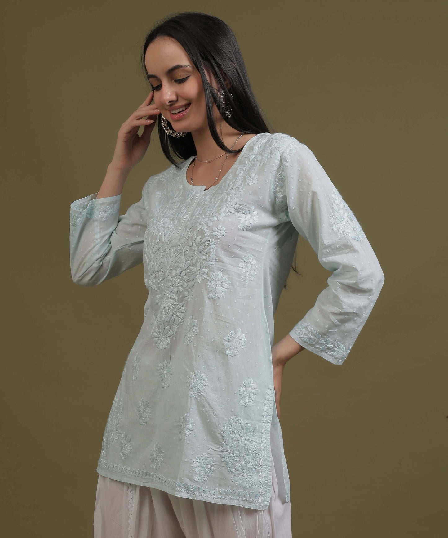 NEA Chikankari Ice Blue Dobby Cotton Short Kurti With White Embroidery