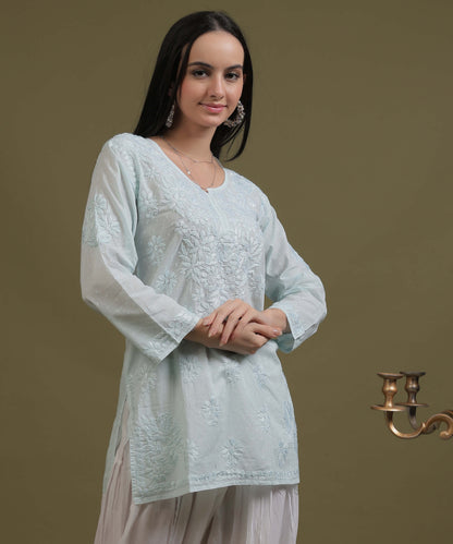 NEA Chikankari Ice Blue Dobby Cotton Short Kurti With White Embroidery
