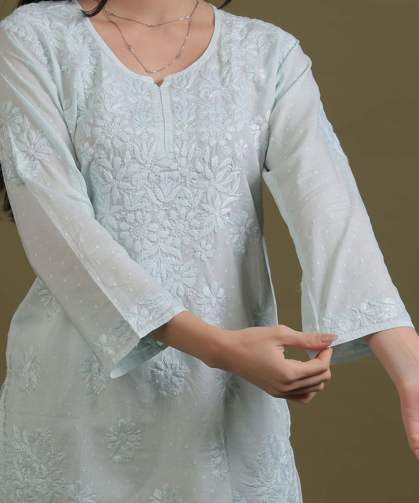 NEA Chikankari Ice Blue Dobby Cotton Short Kurti With White Embroidery